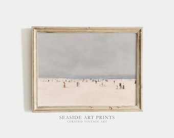 Beach landscape art print - Vintage coastal oil painting, Antique soft tone nautical wall art , Neutral seaside wall decor, MAILED PRINT