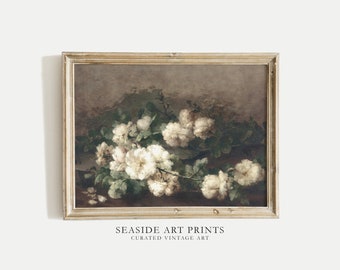 Moody floral art print, Vintage white flowers oil painting, Soft tones botanical still life, Muted wall decor, Roses wall art, MAILED PRINT