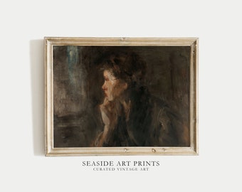 Moody woman portrait art print - Antique woman oil painting, Neutral wall art, Soft tones wall decor, Muted interior decor, MAILED PRINT