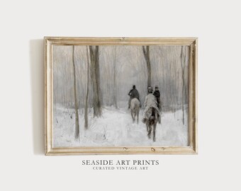 Moody winter landscape art print - Antique horse riders painting, Neutral wall art, Soft tones decor, Muted interior decor, MAILED PRINT
