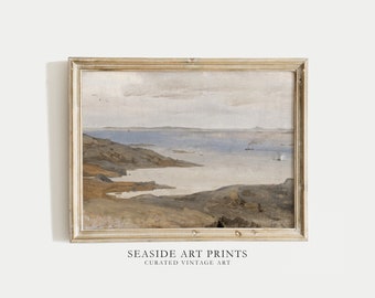 Vintage seascape art print - Coastal landscape oil painting, Neutral ocean wall art, Seaside decor , Muted nautical home decor, MAILED PRINT