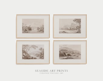 Countryside gallery set - Set of two, Vintage cottage sketch, Neutral farmhouse wall art, Antique decor, Soft tone wall art, MAILED PRINT