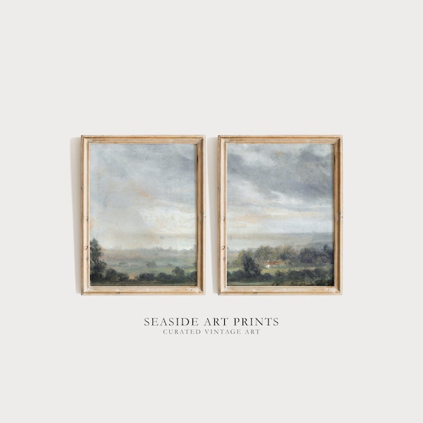 Summer landscape art print - Set of two, Vintage countryside oil painting, Soft tones wall art, Muted wall decor, Warm decor, MAILED PRINT