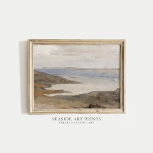 Vintage seascape art print - Coastal landscape oil painting, Neutral ocean wall art, Seaside decor , Muted nautical home decor, MAILED PRINT