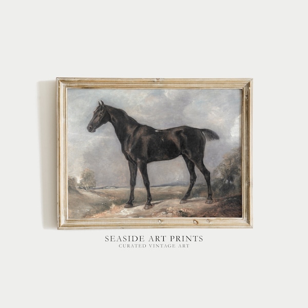 Muted horse art print - Antique black horse painting, Soft tones countryside wall art, Moody wall decor, Farmhouse decor, DIGITAL DOWNLOAD