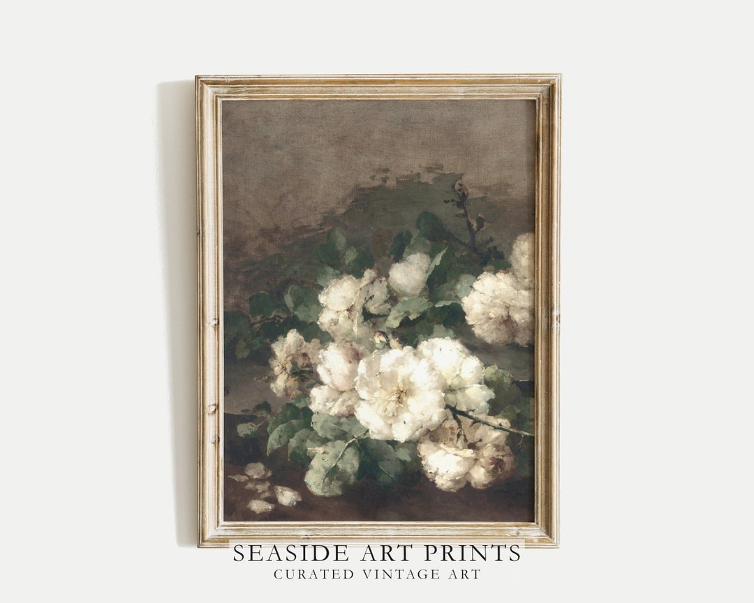 Vintage White Roses Print, Antique White Flower Oil Painting, Neutral ...