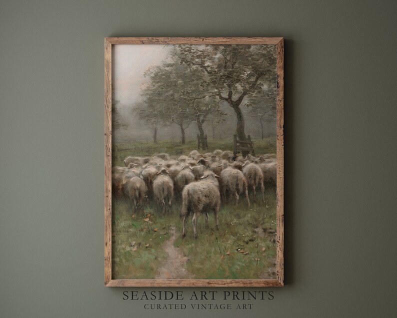 Vintage Sheep Art Print - Moody Spring Oil Painting, Soft Tones Wall ...