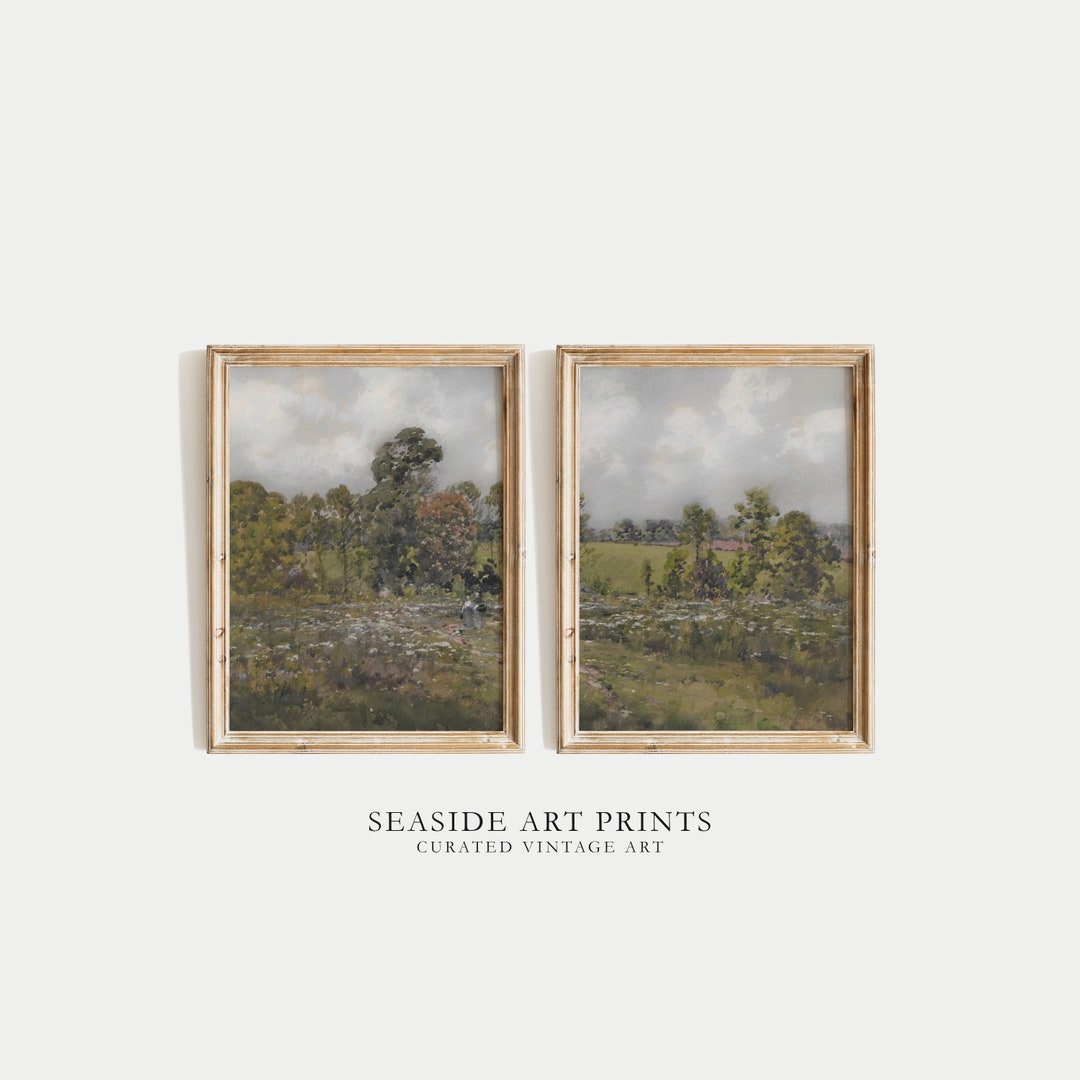 Antique Spring Meadow Art Print - Set of Two, Vintage Country Landscape ...