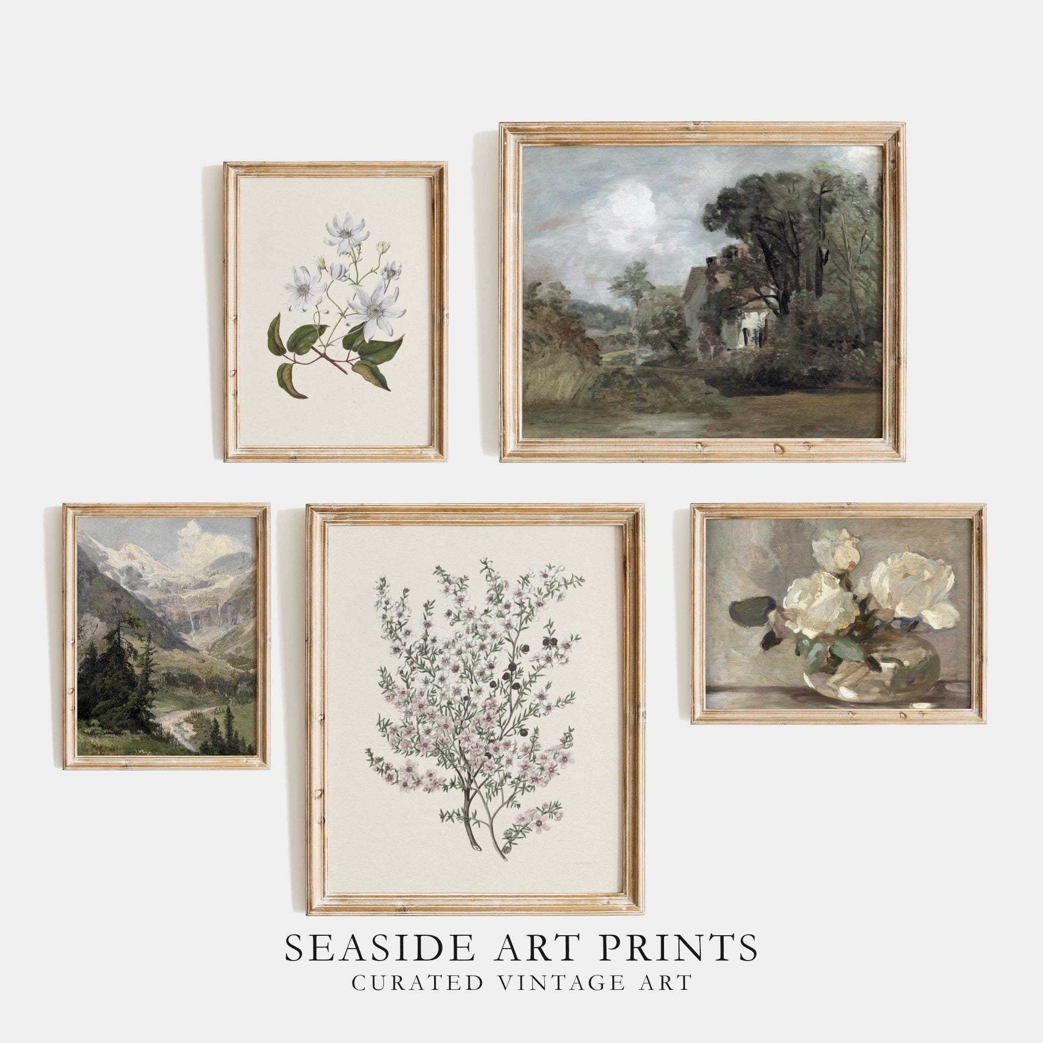 Mountain gallery set - Vintage countryside art paintings, Woodland gallery wall set, Antique Neutral decor, Flower sketch, DIGITAL DOWNLOAD