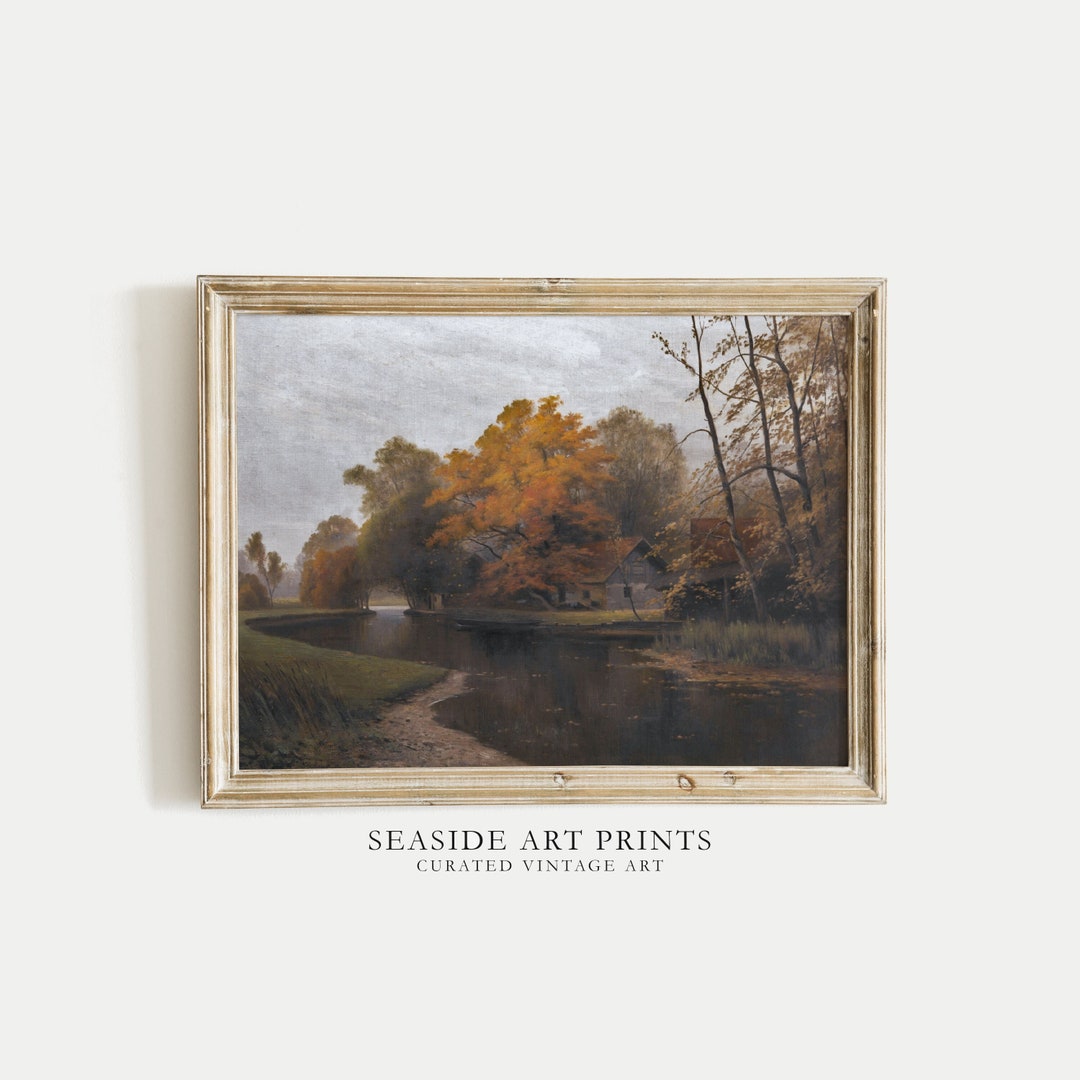 Autumn Landscape Art Print - Vintage Fall Lakeside Oil Painting, Warm ...