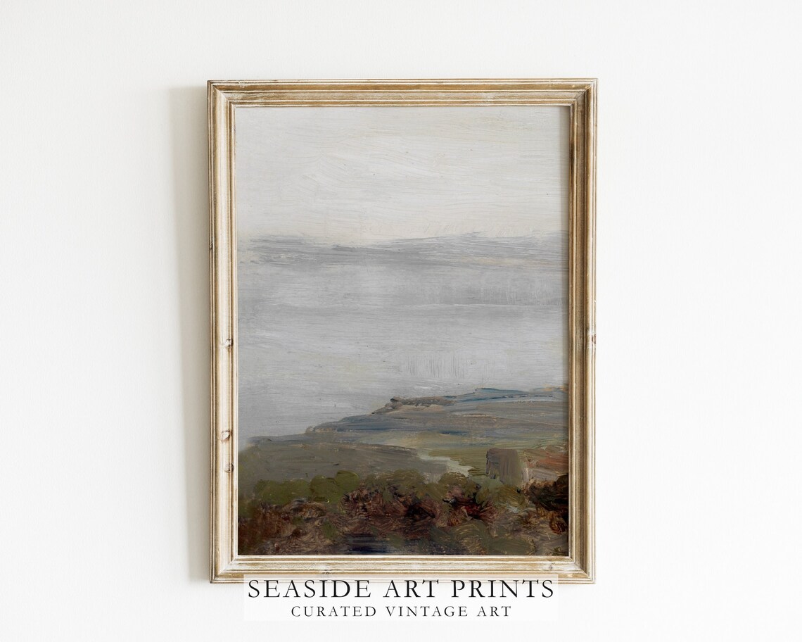 Vintage Coastal Art Print Antique Seaside House Oil Painting, Neutral