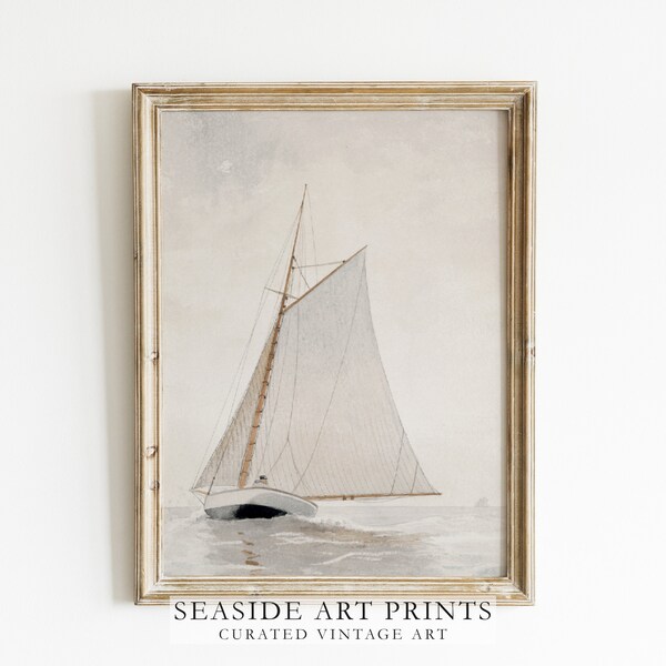 Muted seascape art print - Sailboat watercolor painting, Coastal wall art, Soft tones seaside decor, Muted nautical wall decor, MAILED PRINT