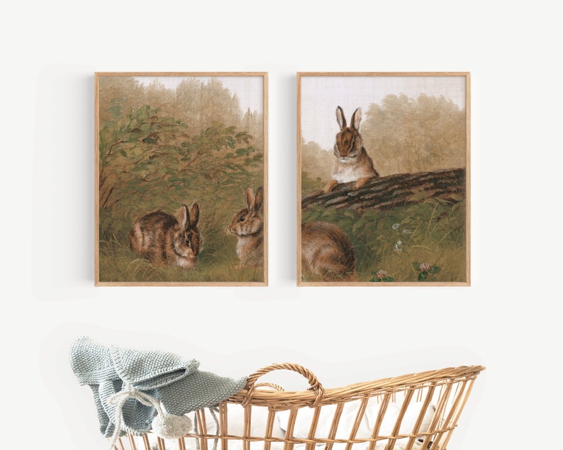 Op de afbeelding: Twee ingelijste prints van bruine konijnen in een bosrijke omgeving. De linker print toont twee konijnen in de struiken, terwijl de rechter print een enkel konijn toont dat op een boomstam zit.