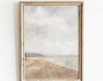 Beach house art print - Vintage coastal painting, Neutral Nautical wall art, Seascape art decor , Muted ocean home decor, DIGITAL DOWNLOAD