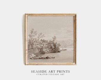 Humeurige huisschets - vintage landschapskunstprint, boerderijkunstprint, zachte tinten plattelandsmuurkunst, neutraal kunstdecor, DIGITALE DOWNLOAD