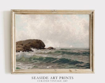Impresión artística de paisaje marino: pintura al óleo costera vintage, arte costero antiguo, arte mural de tonos suaves, decoración de pared náutica apagada, DESCARGA DIGITAL