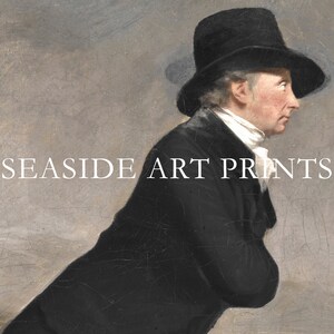 May include: A painting of a man in a black coat and hat, with a light background. The text "SEASIDE ART PRINTS" is printed below the man.