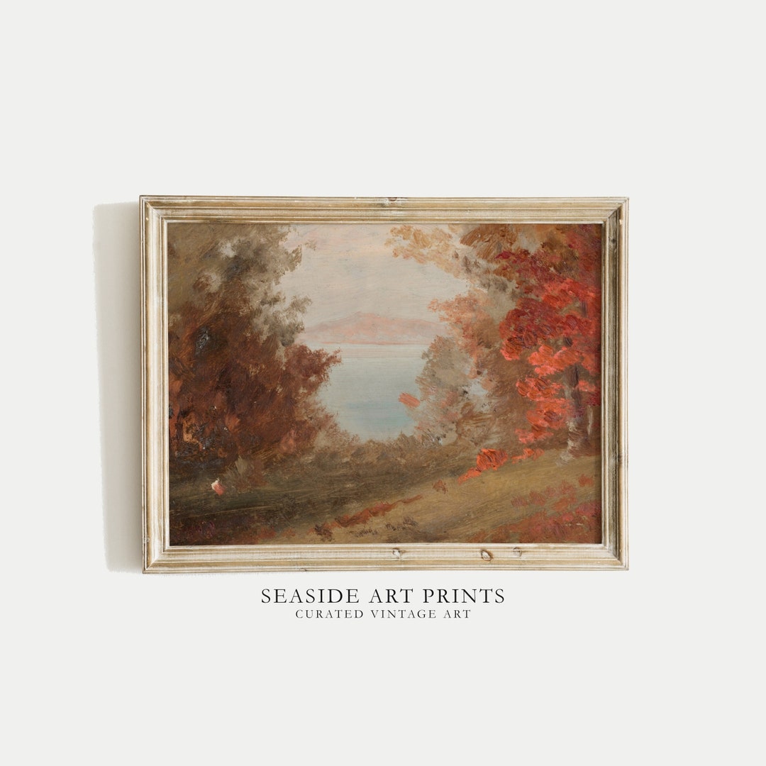 Autumn Lake Art Print - Vintage Fall Forest Painting, Warm Tones Wall ...