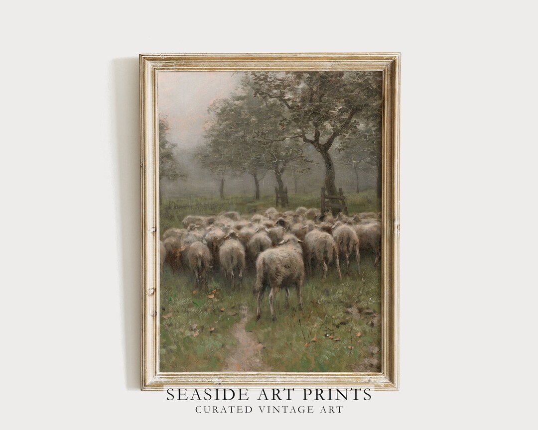 Vintage Sheep Art Print - Moody Spring Oil Painting, Soft Tones Wall ...