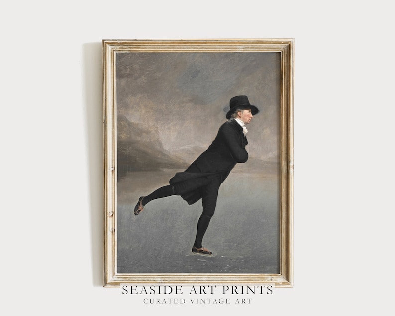 May include: A vintage painting of a man ice skating in a black coat and top hat. The painting is set against a gray and white background with a mountain range in the distance.