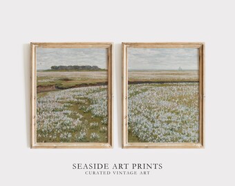 Antique spring meadow art print - Set of two, Vintage landscape oil painting, Soft tones wall art, Warm countryside decor, MAILED PRINT