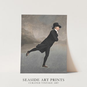 May include: A vintage painting of a man ice skating on a frozen lake. He is wearing a black coat, black pants, and a black top hat. The background is a muted gray and brown.