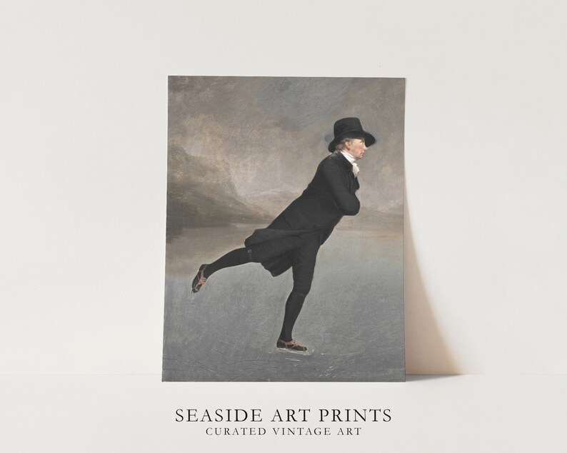 May include: A vintage painting of a man ice skating on a frozen lake. He is wearing a black coat, black pants, and a black top hat. The background is a muted gray and brown.