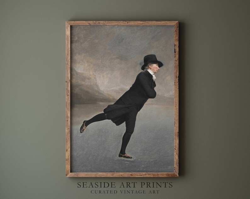 May include: A vintage painting of a man ice skating in a black coat and hat on a frozen lake. The painting is set against a cloudy sky and a distant mountain range.