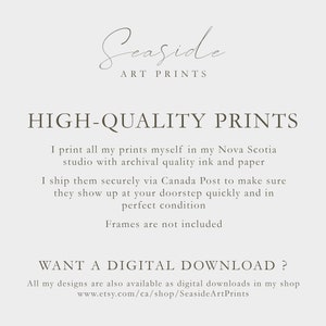 May include: Text overlay on a white background that reads "Seaside Art Prints" in a cursive font. Below the title, the text reads "HIGH-QUALITY PRINTS" in a bold, sans-serif font. The text continues with information about the artist's printing process and shipping methods. The text concludes with "WANT A DIGITAL DOWNLOAD?" and a link to the artist's Etsy shop.