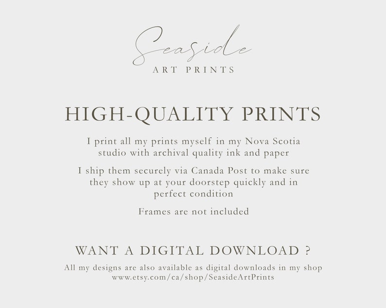May include: Text overlay on a white background that reads "Seaside Art Prints" in a cursive font. Below the title, the text reads "HIGH-QUALITY PRINTS" in a bold, sans-serif font. The text continues with information about the artist's printing process and shipping methods. The text concludes with "WANT A DIGITAL DOWNLOAD?" and a link to the artist's Etsy shop.