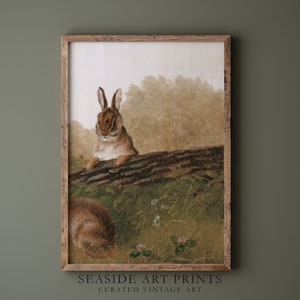 Op de afbeelding: Een vintage illustratie van een bruin konijn dat op een boomstam zit in een bosrijke omgeving. Het konijn kijkt naar links van de afbeelding. De achtergrond is een zacht groen en bruin met een paar witte bloemen.