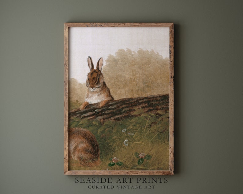 Op de afbeelding: Een vintage illustratie van een bruin konijn dat op een boomstam zit in een bosrijke omgeving. Het konijn kijkt naar links van de afbeelding. De achtergrond is een zacht groen en bruin met een paar witte bloemen.