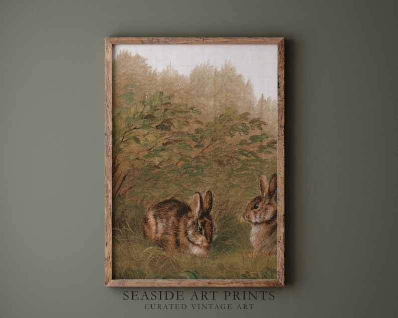 Op de afbeelding: Een vintage illustratie van twee bruine konijnen in een bosrijke omgeving. De konijnen zitten in hoog groen gras met een achtergrond van bomen en een wazige lucht.