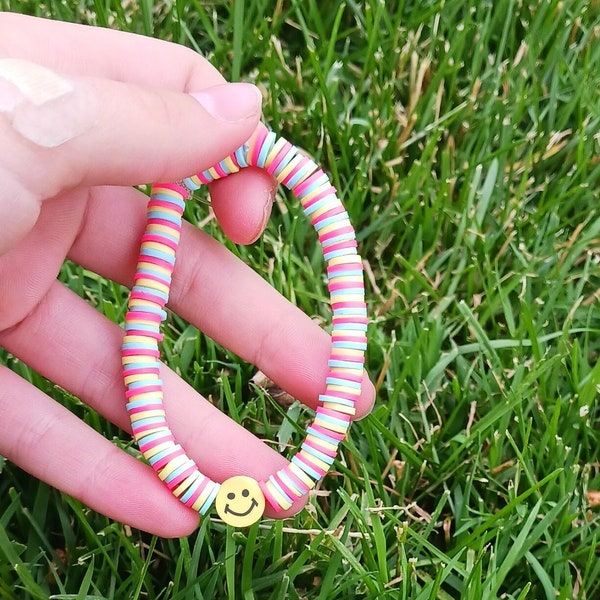 Pink, Yellow, and Blue Smiley Face Clay Bead Bracelet