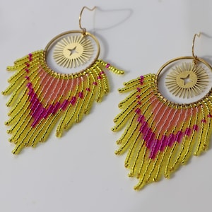 Golden Sun Sparkling Earrings, Handmade Hoop Earrings, Beaded Fringe Earrings, Hanging Earrings, Yellow Crystal Earrings, Ombre Earrings