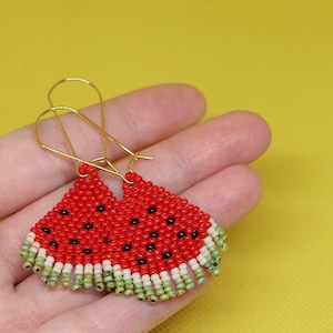 Watermelon Slice Earrings, Beaded Dangle Earrings, Bead Fruit Earrings, Free Palestine Earrings, Cute Fringe Earrings