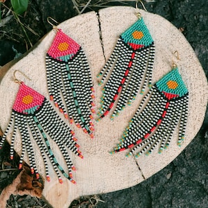 Shamanic Feather Earrings, Long Hanging Fringe Earrings, Boho Ethnic Earrings, Earthy Color Nature Earrings, Handmade Bead Earrings