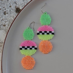 Neon Colorblock Earrings, Geometric Pop Earrings, Bold Statement Dangles, Rave Earrings, Multicolor Pop Earrings, Handmade Beadwork Earrings