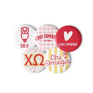 May include: A set of five circular pin-back buttons featuring Chi Omega designs. One is white with a red owl and text, one has a pink gingham pattern with text, one is red with a white heart and text, one has floral patterns with Greek letters, and one has yellow stripes with text.