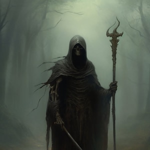 May include: A skeletal figure in a dark hooded robe stands in a foggy forest, holding a staff with a curved top and a sword. The figure is surrounded by glowing orbs on the ground.