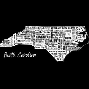 Pu&ograve; includere: Una nuvola di parole in bianco e nero a forma dello stato della Carolina del Nord. Le parole sono relative allo stato, comprese citt&agrave;, monumenti, cibo e cultura. Le parole "Carolina del Nord" sono scritte in un carattere pi&ugrave; grande nella parte inferiore dell'immagine.