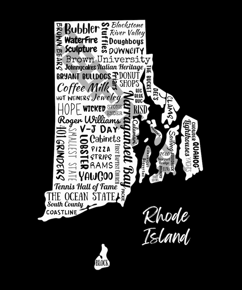 K&ouml;nnte beinhalten: Eine wei&szlig;e Wortwolke in Form des Bundesstaates Rhode Island. Die W&ouml;rter beziehen sich alle auf Rhode Island, darunter St&auml;dte, Sehensw&uuml;rdigkeiten und kulturelle Referenzen. Die W&ouml;rter sind so angeordnet, dass sie eine visuelle Darstellung des Bundesstaates bilden.