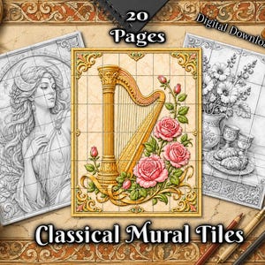 May include: A collection of 20 pages of classical mural tiles featuring black and white line art illustrations of a woman, a golden harp with pink roses, and a floral still life with a pitcher and pastries, surrounded by coloured pencils.