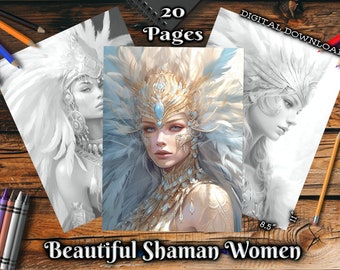 Beautiful Shaman Women Adult Coloring Pages Grayscale Coloring Book Fantasy Digital Printable Illustration Coloring Page PDF