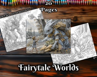Páginas para colorear de cuentos de hadas para adultos, libro para colorear de paisajes fantásticos en escala de grises, página para colorear imprimible de fantasía en PDF.