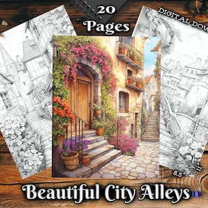 Beautiful City Alleys Adult Coloring Pages Beautiful Landscapes Grayscale Coloring Digital Book Download Printable Coloring Pages PDF