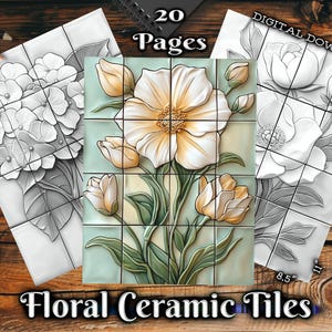 Könnte beinhalten: 20 Seiten mit druckbaren Malvorlagen mit floralen Keramikfliesen-Designs. Die Fliesen sind in einem Weiß-, Gelb- und Grünton gehalten. Die Fliesen sind 8,5 Zoll groß. Digitaler Download.