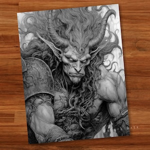 Fierce Male Demons Adult Coloring Book Grayscale Coloring Page Fantasy Digital Printable Illustration Coloring Page PDF image 10