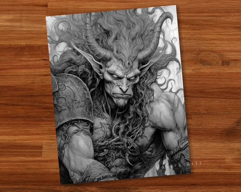 Fierce Male Demons Adult Coloring Book Grayscale Coloring Page Fantasy Digital Printable Illustration Coloring Page PDF image 10