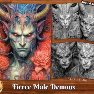 Fierce Male Demons Adult Coloring Book Grayscale Coloring Page Fantasy Digital Printable Illustration Coloring Page PDF image 1